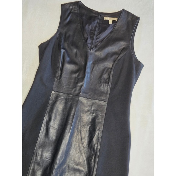 Banana Republic Dresses & Skirts - Banana Republic Womens Black Leather Front Ponte Sheath Dress V-Neck Size 12
